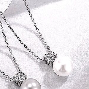 NEW Women's White Pearl‎ Pave Diamond Necklace, Rhodium S925, 16-18”